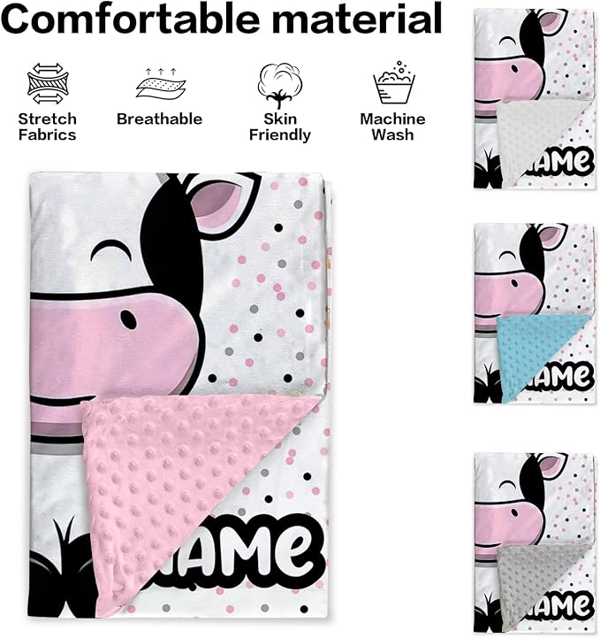 Personalized Baby Blankets for Girls, Custom Name Cow Pattern Baby Blanket, Soft Minky Dot Blanket for Newborns and Toddlers, Ideal for Baby Showers Christmas Brithday Gifts