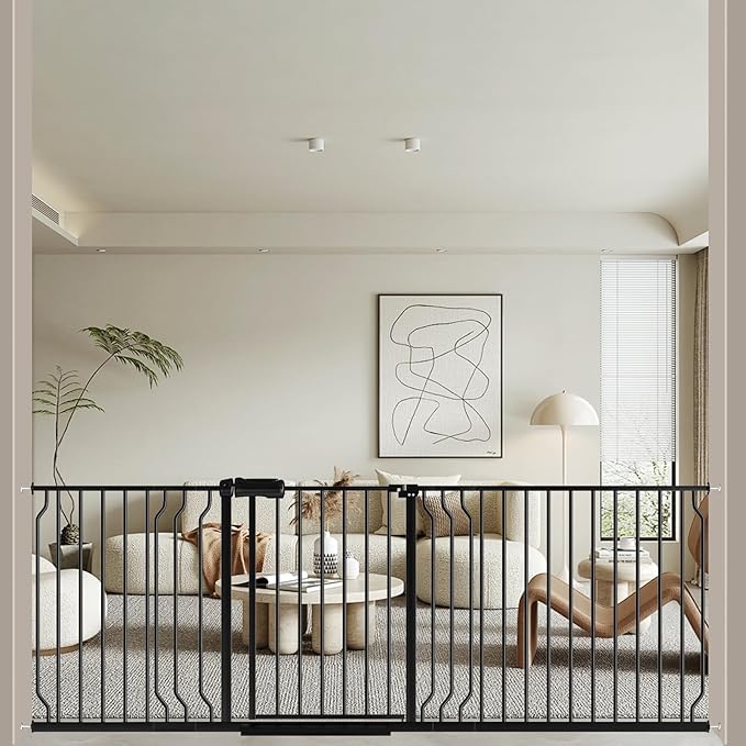 WAOWAO Baby Gate 71.65-85.03" Extra Wide Pressure Mounted Walk Through Swing Auto Close Safety Metal Black Toddler Kids Child Dog Pet Puppy for Stairs,Doorways,Kitchen