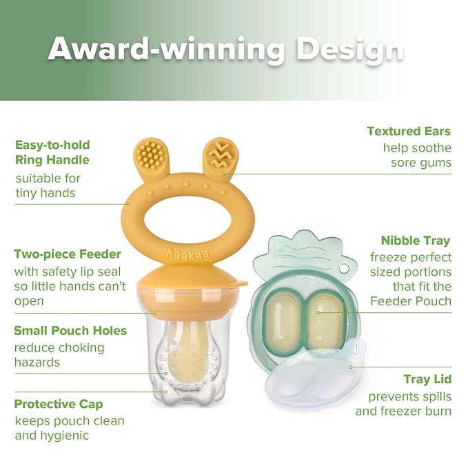 Haakaa Baby Fruit Food Feeder & Mini Freezer Nibble Tray Combo, Breastmilk Popsicle Molds for Baby Cooling Relief, BPA Free Silicone Feeder for Safe Infant Self Feeding, 4 Month+ (Mustard)
