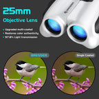 BRESSER 10x25 Binoculars for Adults and Kids, Folding Compact Binocular with Weak Light Vision, Lightweight Small Binoculars for Bird Watching, Travel, Concerts, Hunting, Hiking (White)