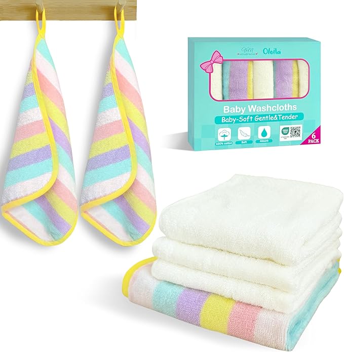 VOOVA & MOVAS 6 Pack 100% Cotton Baby Washcloths | 12x12 Inches | Highly Absorbent | Ultra-Soft Newborn Towels | Perfect Set |Rainbow & Ivory Colors