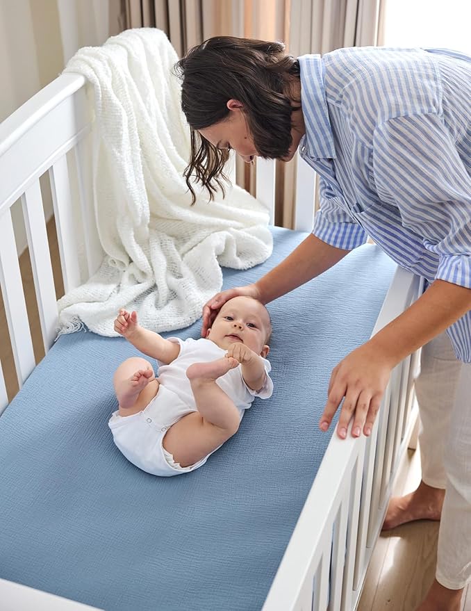 Momcozy Muslin Mini Crib Sheets Fitted - 38''x26'' Pack and Play Sheets for Pack N Play Mattress, 2 Pack Soft & Breathable Natural Cotton Non Slip Bed Cover for Boys, Girls, Blue Star Moon