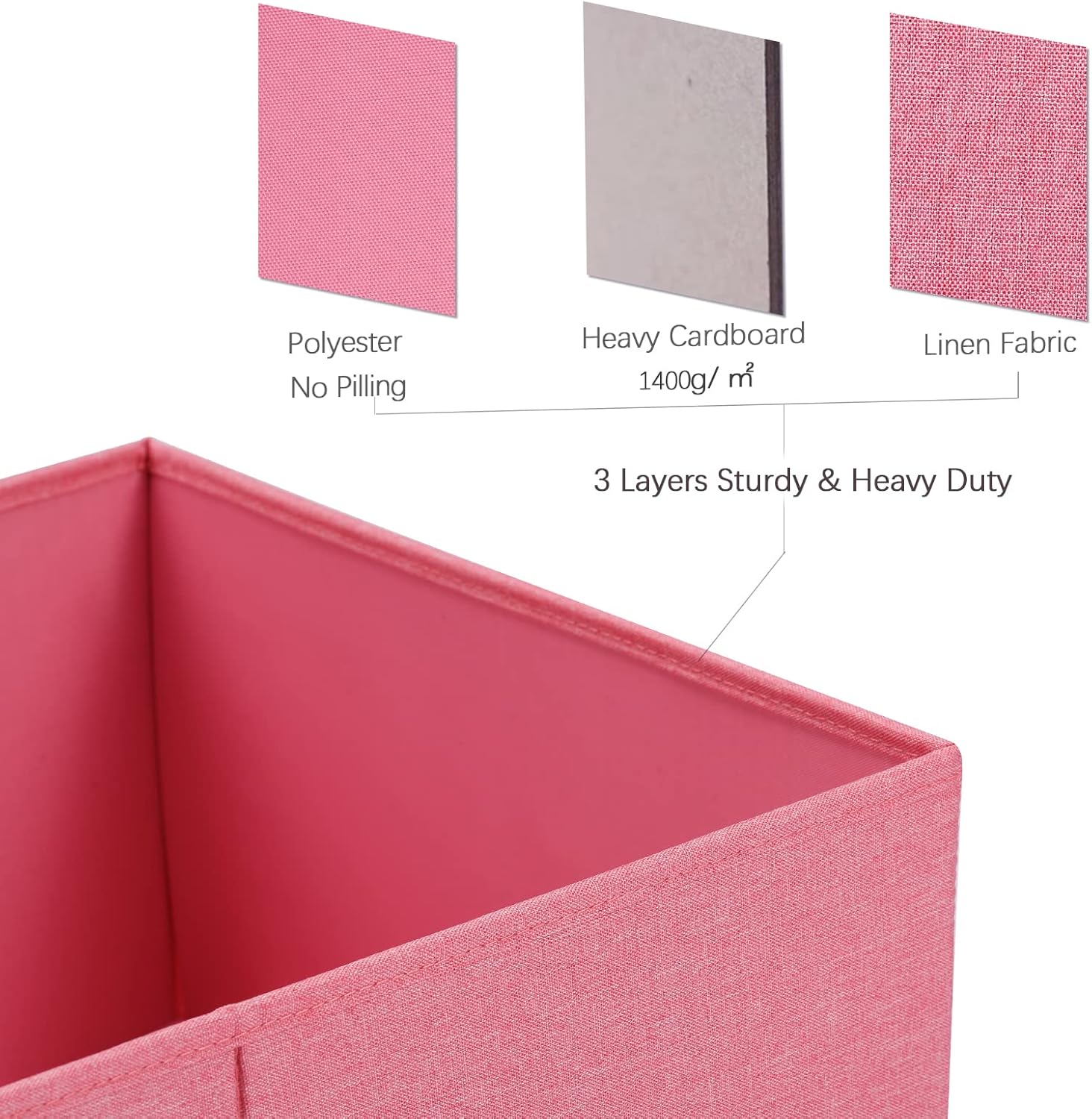 HOONEX Linen Foldable Storage Bins with Lids, 2 Pack, Storage Boxes with Carrying Handles and Sturdy Heavy Cardboard, 16.5" L x 11.8" W x 7.5" H for Shoes, Books, Clothes, Nursery, Pink