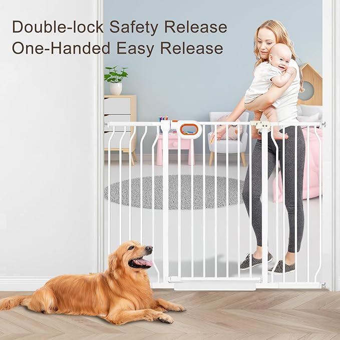 owlie 37.4" Extra Tall Wide Baby Gate for Stairs Doorways,66-75 Inch Extra Large Long Baby Gate with Door Indoor Safety Metal Pressure Mounted Pet Gate with Walk-Thru Auto Close, White