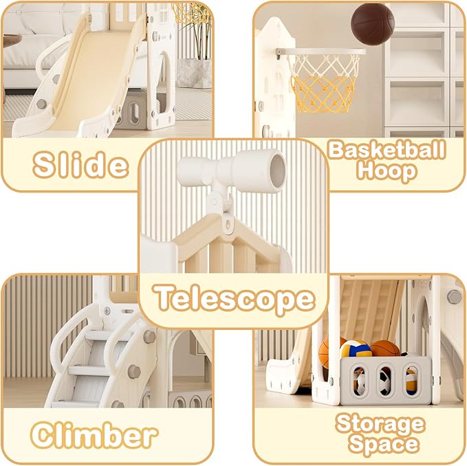 XJD 5 in 1 Toddler Slide, Kids Slide for Toddlers Age 1-3, Outdoor Indoor Playset for Toddlers with Basketball Hoop and Ball, Storage Space and Non-Slip Steps Telescope (Beige)