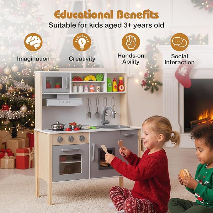 HONEY JOY Kids Kitchen Playset, Wooden Play Kitchen for Toddlers, Microwave, Range Hood, Ice Maker, 18 Cooking Accessories, Little Chef Pretend Play Toy Kitchen Set, Gift for Boys Girls, Gray