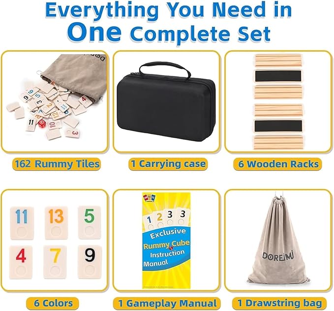 Premium Rummy Cube Game Set 6 Colors with 6 Wooden Holders and 162 Rummy Tiles, Travel Family Board Game for Adults and Kids