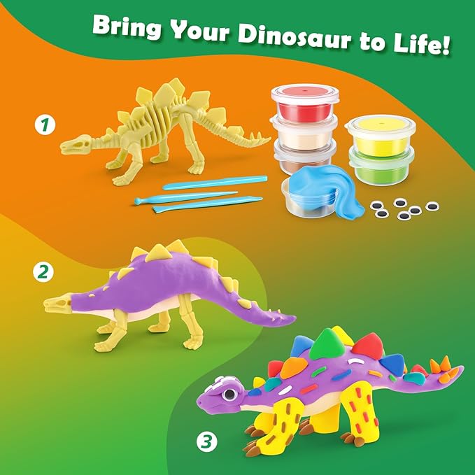 Drama Planet Dinosaur Air Dry Clay Kit – Create 5 Dinosaur Models with 12 Colors of Modeling Clay, Instruction Guide – Fun & Educational Craft Set for Kids