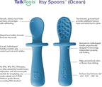 TalkTools ITSY Tiny Silicone Spoons – Twin Pack Soft Silicone Self-Feeding Training Spoons for Kids & Toddlers, Anti-Choking Flange Guard and Non-Slip Handle (Ocean)
