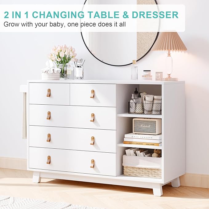 Baby Dresser with Changing Table Top, Nursery Dresser with 5 Drawers and Adjustable Shelves, Storage Organizer for Kids Bedroom, White