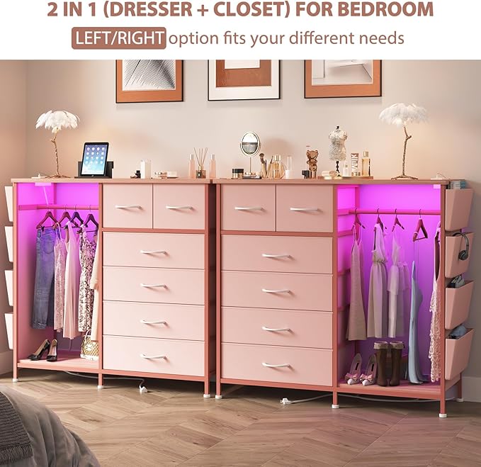 6 Drawer Dresser for Bedroom with Clothes Rack, Clothes Dresser with Side Pockets and Hooks, Charging Station & LED Lights, Wooden Top, Fabric Storage (Pink)