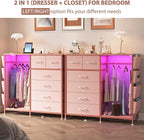 6 Drawer Dresser for Bedroom with Clothes Rack, Clothes Dresser with Side Pockets and Hooks, Charging Station & LED Lights, Wooden Top, Fabric Storage (Pink)