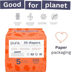 Pura Size 5 Eco-Friendly Diapers (24-35 lbs) Totally Chlorine Free (TCF), Hypoallergenic, Soft Organic Cotton, Sustainable, up to 12 Hours Leak Protection, Allergy UK, 6 Packs of 20 (120 Diapers)