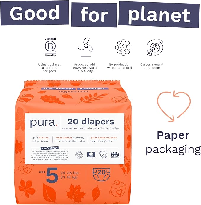 Pura Size 5 Eco-Friendly Diapers (24-35 lbs) Totally Chlorine Free (TCF), Hypoallergenic, Soft Organic Cotton, Sustainable, up to 12 Hours Leak Protection, Allergy UK, 6 Packs of 20 (120 Diapers)