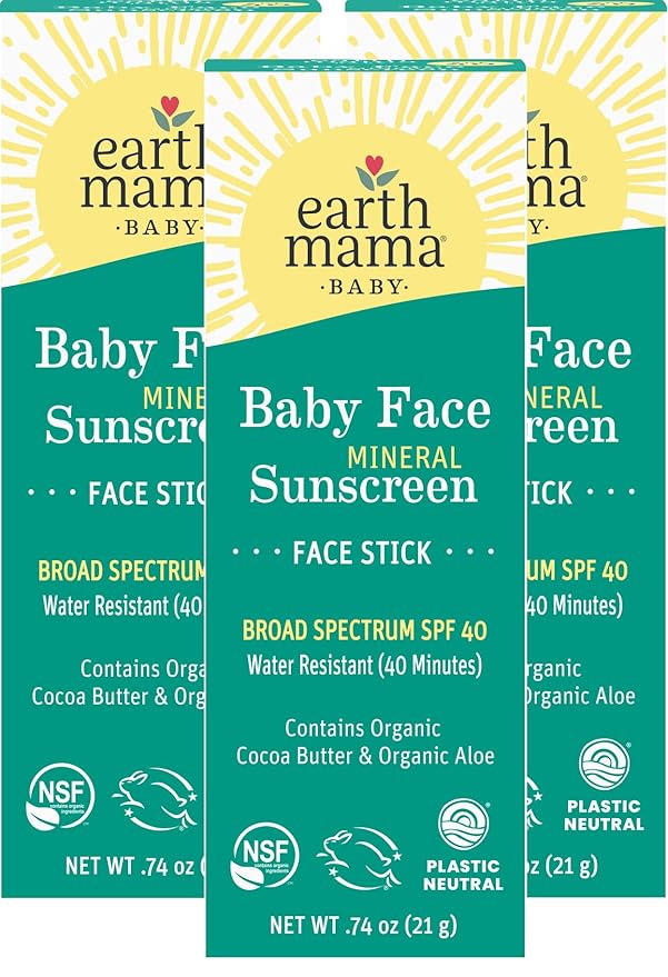 Earth Mama Baby Face Mineral Sunscreen Stick SPF 40 | Non-Nano Zinc, Natural Water Resistant Sun Cream for Babies, Kids & Adults 0.74-Ounce, 3-Pack