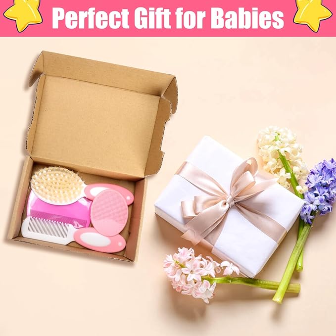 Baby Hair Brush and Comb Set, 4Pcs Baby Soft Bristles Brush Cradle Cap Brush Hair Comb for Newborns Toddlers Boys Girls (Pink)