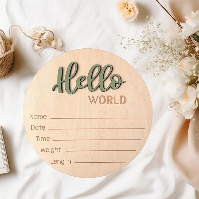 Baby Announcement Sign, 5.9 Inch Wooden Hello World Newborn Signs, Birth Announcement Sign, Baby Shower Hospital Nursery for Newborn Boys and Girls (Forest Green)