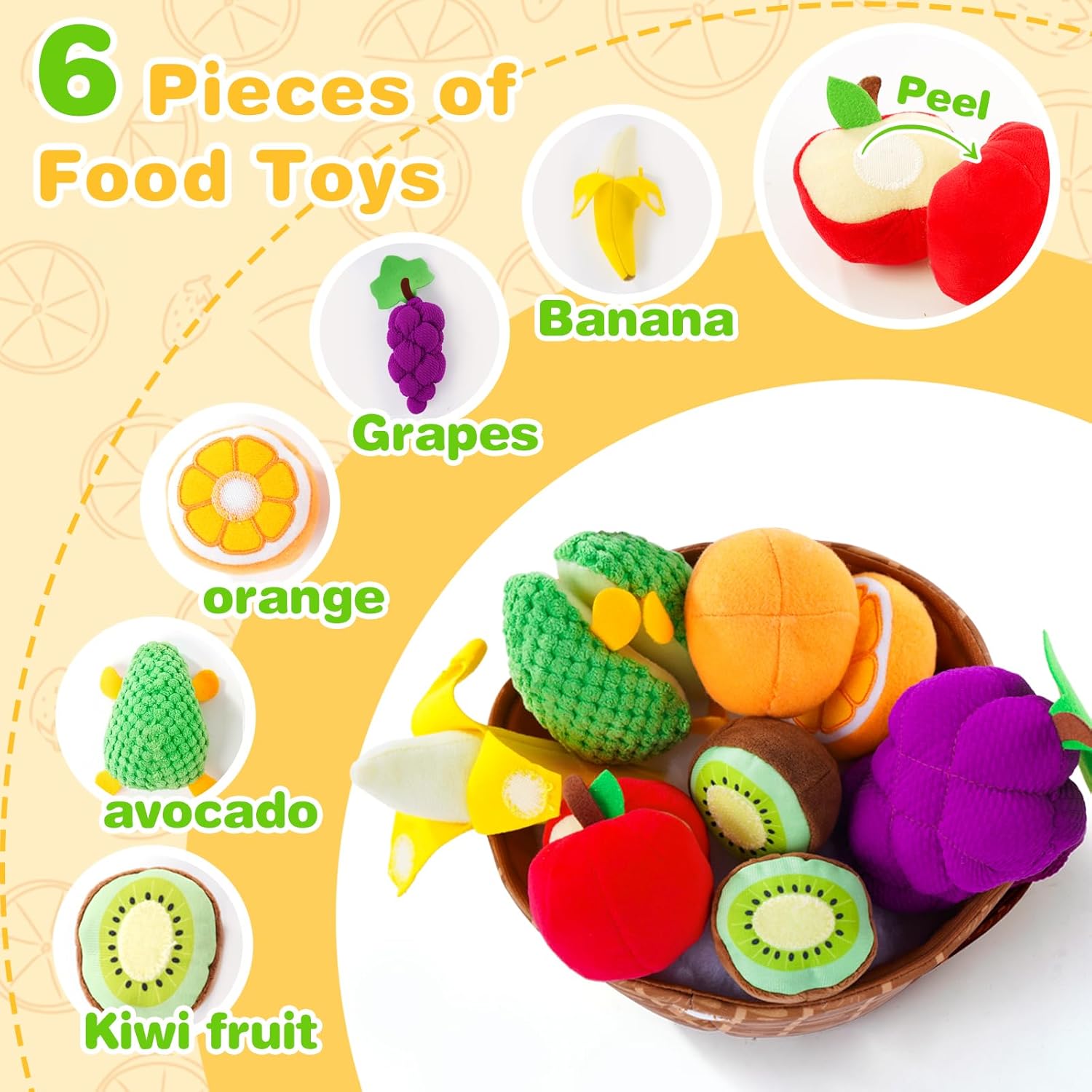 Play Food for Toddler 1-3, Plush Pretend Food Set with Sorting Fruit Basket, Baby Sensory Toys 6-12 Months, Montessori Learning Early Educational Toy for Infants, Gifts for 1 Year Old Boy Girl