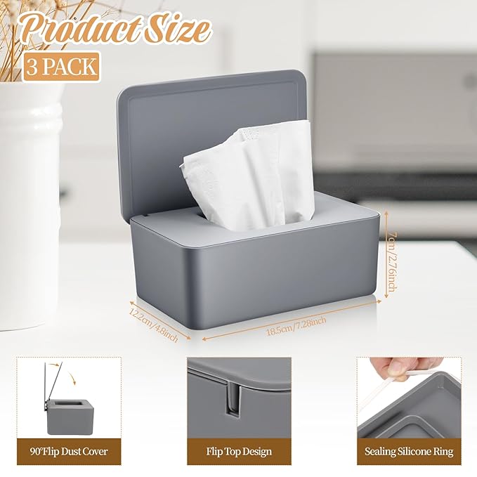 Baby Wipes Dispenser 3 Pack Wipe Holder for Baby & Adult Refillable Baby Wipes Cases with Lid Toilet Container for Bathroom Home Office Cars