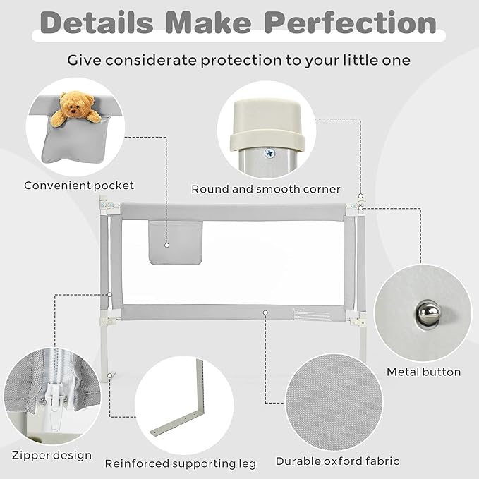 HONEY JOY Bed Rail for Toddlers, 57-in Extra Long, Portable Safety Bed Guardrail w/Side Pocket, Baby Bed Rail Guard, Fit King & Queen Full Twin Size Bed Mattress (57 INCH, Gray)