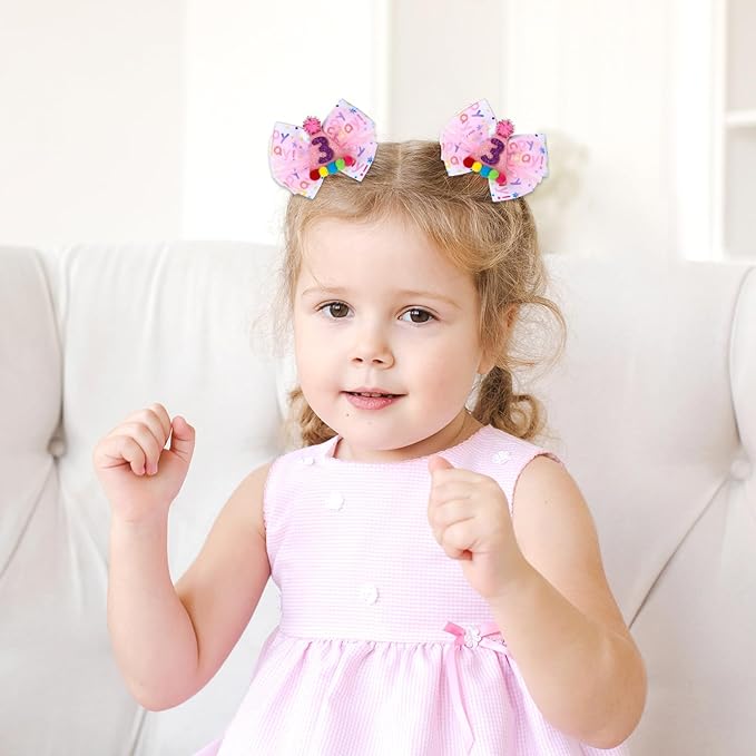 Birthday Hair Bow for Baby Girls 1 2 3 4 5 6 Year Old Sprinkle Hair Clips Happy Birthday Decorations for Girls Toddlers With Pom-Poms Ice Cream Candy Party Pink Hair Accessories for 3rd Sweet Party