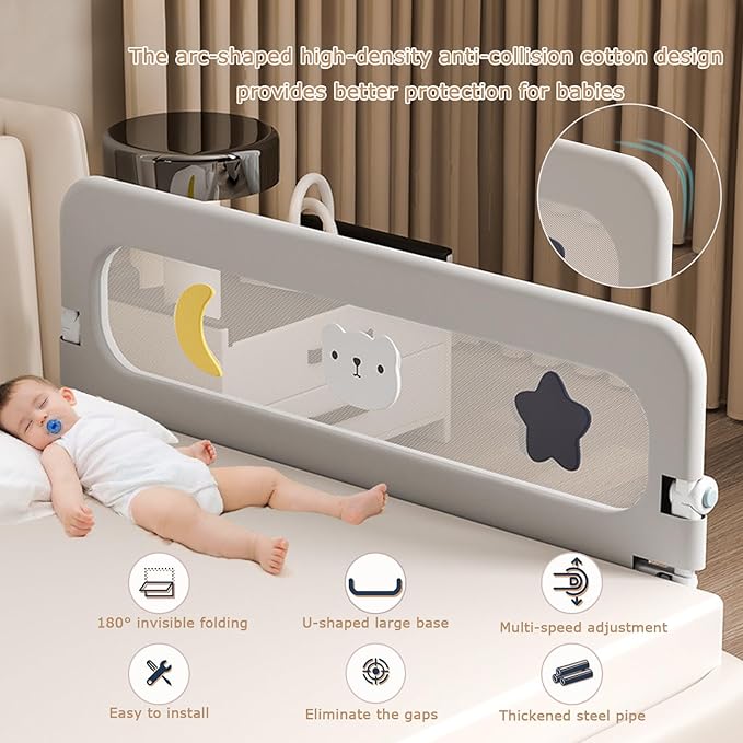 U Type Toddler Bed Rail Guard, Foldable Bed Rails for Toddlers, Adjustable, Safety, Convenient, Guard Rail with Twin, Full, Queen& King Size (Grey Patchwork, 71inch)