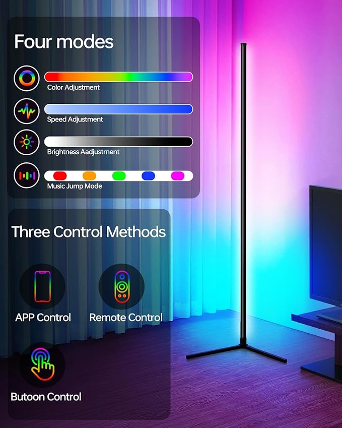 Corner Floor Lamp,RGB LED Corner Lamp with Smart APP Control Remote Control Color Changing Ambience Light with 16 Million DIY Color Changing for Bedroom Living Room and Game Room