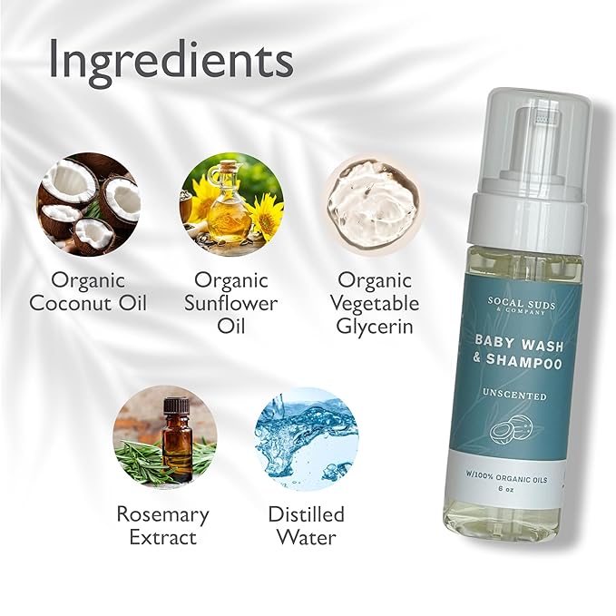 SoCal Suds & Company Gentle Botanical Baby Wash for Sensitive Skin - 2-in-1 Organic Foaming Shampoo & Body Wash - Clean Natural Nourishing Castile Soap Ingredients - Fragrance Free (Pack of 1), 6 oz