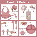 Silicone Baby Feeding Set, Baby Led Weaning Supplies, Baby Spoons Suction Divided Plate Bib Cup, First Stage Solid Food Eating Utensils - 6+ Months(Pink-Red)