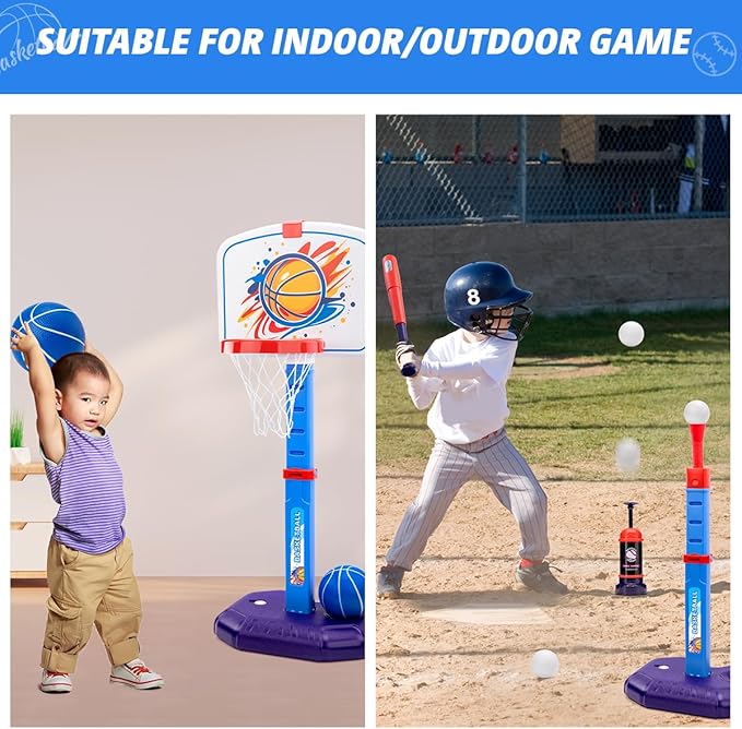Meland Toddler Basketball Hoop, 4-in-1 Kids Basketball Hoop with Tball Set for Toddler & Baseball Pop Up Machine, Basketball Goal for Kid Sport Toys Indoor Outdoor Play Birthday Gift for Kids Toddlers