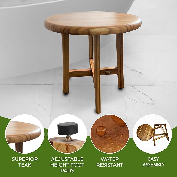 EcoDecors Shoji 17.5 Inch Round Table Waterproof Teak Wood Shower Bench Stool Seat Chair for Inside Shower Provides Safety, Storage, and Organization for Bathroom Accessories