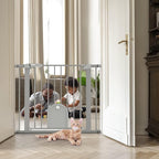 Babelio Auto Close Baby Gate with Small Cat Door, 29-43" Metal Cat Gate for Doorway, Stairs, House, Easy Walk Thru Dog Gate with pet Door, Includes 4 Wall Cups and 3 Extension Pieces, Gray