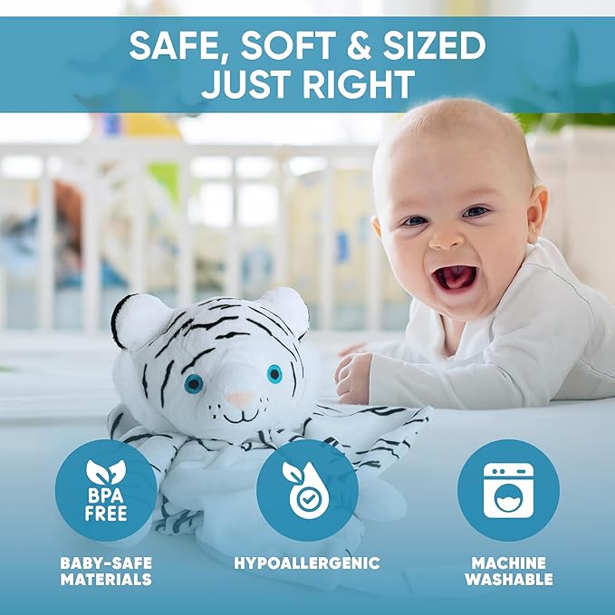 Love By Emi Baby Music Lovey White Tiger, Baby Sleep Soother for Crib & Cuddle Bedtime, White Noise with a Heartbeat & Lullaby, Plush Sound Machine Toy, Stuffed Animal for Newborns, Infants & Toddlers