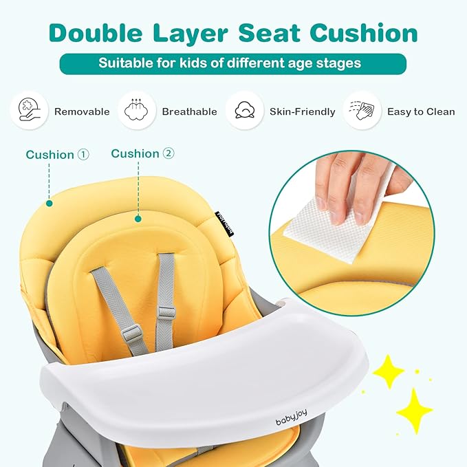 BABY JOY Baby High Chair, 8 in 1 Convertible Highchair for Babies & Toddlers | Booster Seat | Table and Chair Set | Building Block Table | Toddler Chair with Safety Harness, Removable Tray (Yellow)