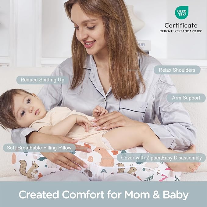 Little Grape Land Nursing Pillow, Breastfeeding Pillows, Baby Support Pillow for Nursing, Bottle Feeding, Tummy Time with Machine Washable Cover & Breathable Filling(Woodland Friends)