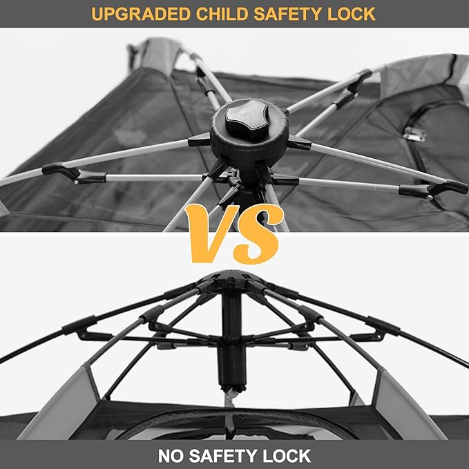 Pop Up Playpen for Babies with Canopy & Safety Lock - Outdoor Baby Playpen with 6 Ground Stakes & 6 Sand Stakes, UV Protection & Carry Bag, Instant Beach Tent for Indoor/Outdoor Use（Grey）