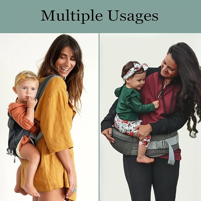 Baby Carrier, 3-in-1 Baby Carrier Newborn to Toddler with Hip Seat (Ergonomic M Position) for 0-36 Month/7-45lbs, Adjustable Size for Enhanced Lumbar Support, Perfect for On-The-go, Grey