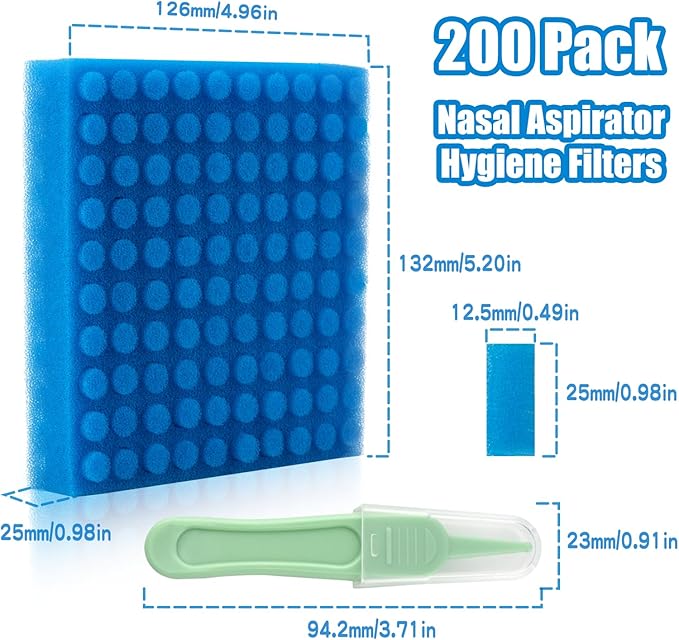 100-Pack of Premium Nasal Aspirator Hygiene Sponges, Replacement for Nosefrida Nasal Aspirator Filters, BPA, Phthalate & Latex-Free (100 Count +Tweezer)