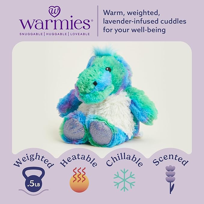 warmies Junior Microwavable & Weighted Stuffed Animals, Rainbow Dinosaur - Heated Stuffed Animal Plushie for Warmth & Comfort - Soft Plush Toys for Adults & Children (Boys, Girls, Babies & Toddlers)
