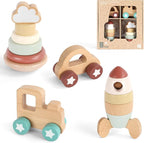 FReniland Wooden Montessori Toys, 4-Piece Wooden Baby Toy, Rainbow Stacking Ring,Car Push and Pull Toy, Rocket Stacking Ring Babys Toys,Newborn Baby Gift Sets for Boys and Girls