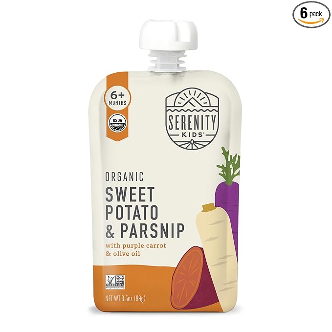 Serenity Kids 6+ Months Baby Food Pouches Veggie Puree - Sweet Potato & Parsnip - BPA-Free & USDA Organic Baby Food - No Added Sugar - Allergen Free - 3.5 Oz, 6 Pack