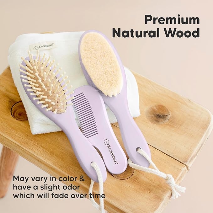 Baby Hair Brush and Comb Set for Newborn - Wooden Baby Hair Brush Set with Soft Goat Bristle, Baby Brush Set for Newborns, Baby Brush and Comb Set Girl, Boy, Toddler Cradle Cap Brush (Oval, Thistle)