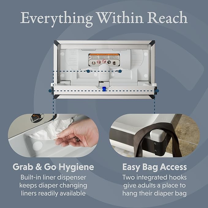 Foundations Horizontal Baby Diaper Changing Station Wall Mounted, Stainless Steel Shell with Polyethylene Changing Table, Adjustable Safety Belt (100SSC-SM)