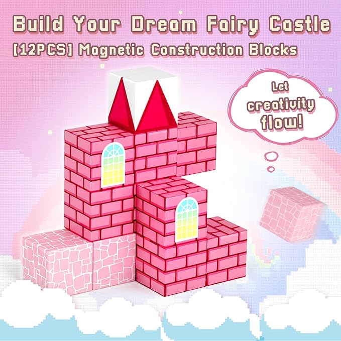 3 otters 12PCS Magnetic Building Blocks, STEM Learning Toys Magnetic Cube Kids Travel Activities with Storage Box for Girls Boys Birthday Gift (Castle)