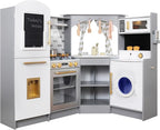 Large Wooden Corner Play Kitchen Sets with Ice Maker,Water Dispenser,Bread Maker,Washing Machine,Electronic Display,Toy Sink with Running Water,Stove with Light&Sounds, Birthday Gift for 3+
