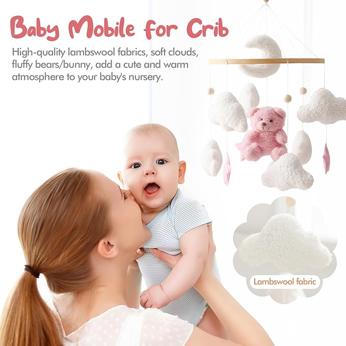 Baby Mobile for Crib Bear Cloud Crib Mobile Handmade Furry Nursery Mobile Gender Neutral Crib Toy Hanging for Nursery Decor Accessories
