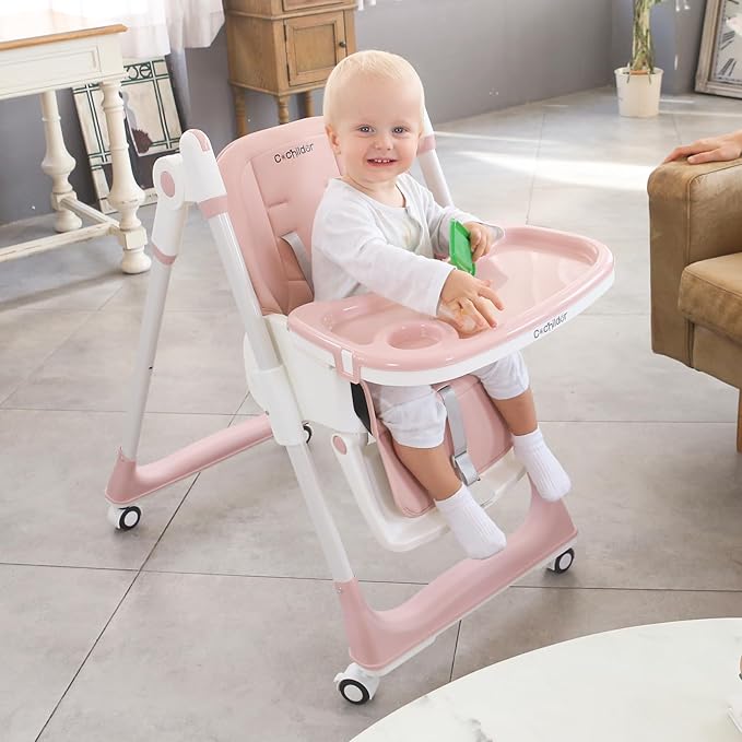 3-in-1 Foldable High Chair for Babies & Toddlers – Adjustable Height, Reclining Seat, 5-Point Safety Harness, Removable Tray, Lockable Wheels, Washable Cushion – Portable & Easy Clean, Pink