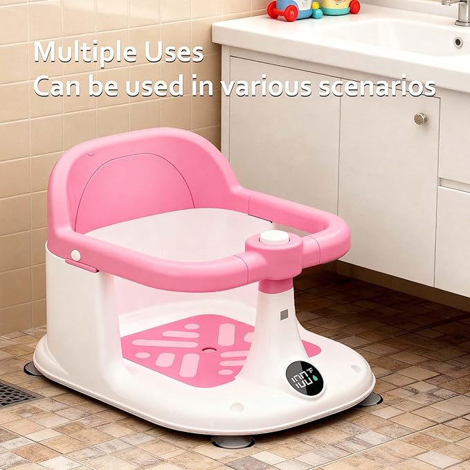Baby Bath Seat for Infants 6 Months & Up - Adjustable Sitting up Bathtub Chair with Surround Design & Temperature Sensor, Non-Slip 4-Suction Base for Infant Bath Safety (Pink)