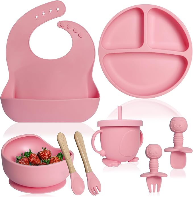 Bluet B - Silicone Baby Feeding Set - Baby Led Weaning Supplies - Baby Spoons, Suction Bowl - Plate - Baby Utensils - Silicone Feeding Set for Baby First Foods, Infant Eating - 8pcs - Pink