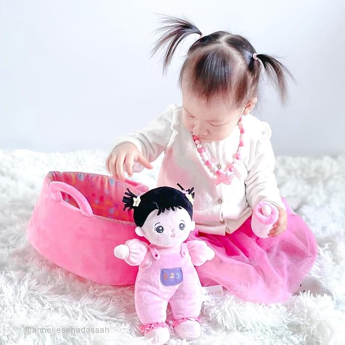 OUOZZZ 10" Soft Baby Doll Set with Plush Doll, Bassinet, Blanket and Bottle, Pretend Playset for Emotional Social Education Asian Doll for 2 Year Olds Girls Christmas Birthday Gift